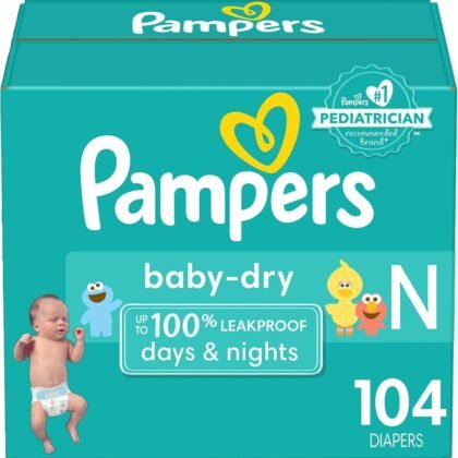 Pampers Baby Dry Diapers Newborn – Size 0, 104 Count, Absorbent Disposable Diapers
