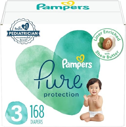 Pampers Pure Protection Diapers - Size 3, One Month Supply (168 Count), Hypoallergenic Premium Disposable Baby Diapers (Packaging May Vary)