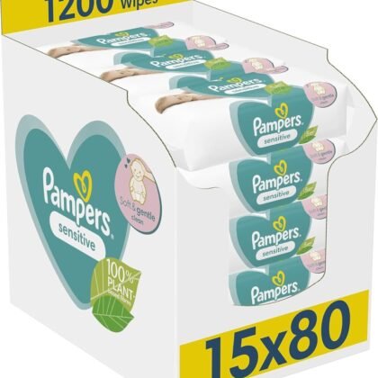 Pampers Sensitive Baby Wipes 15 Packs of 80 = 1200 Baby Wet Wipes, Unscented, For a Soft And Gentle Clean