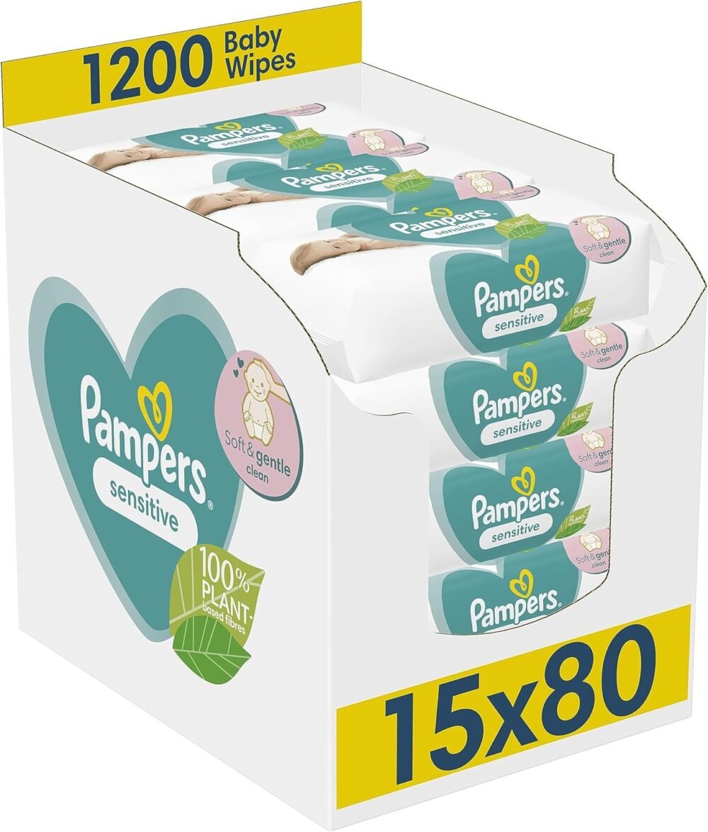 Pampers Sensitive Baby Wipes 15 Packs of 80 = 1200 Baby Wet Wipes, Unscented, For a Soft And Gentle Clean