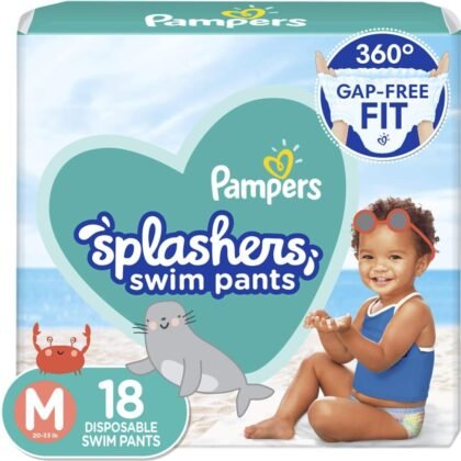 Pampers Splashers Swim Diapers – Size M, 18 Count, Gap-Free Disposable Baby Swim Pants