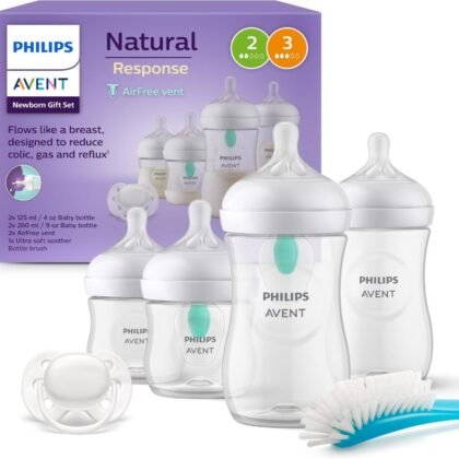 Philips Avent AirFree Vent Baby Bottle Newborn Gift Set – 4 Baby Milk Bottles with Air-Free Vent, Ultra-Soft Pacifier and Bottle Brush, Babies Aged...