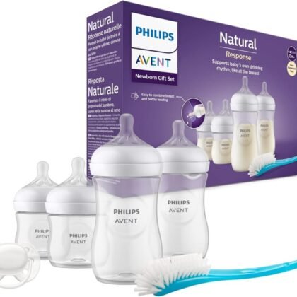 Philips Avent Baby Bottle Newborn Gift Set – 4 Baby Milk Bottles, Ultra-Soft Pacifier and Bottle Brush, Babies Aged 0-12 Months+ (Model SCD838/11)