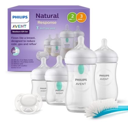 Philips Avent Baby Bottles with AirFree Valve, Newborn Gift Set – 4 Baby Bottles, Ultra Soft Pacifier and Bottle Brush, Babies from 0–12 Months and...
