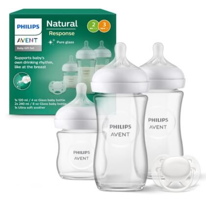 Philips Avent Glass Baby Bottles, Newborn Gift Set – 3 Baby Bottles Natural Response, Ultra Soft Pacifier, for Babies 0–6 Months and Over (Model...