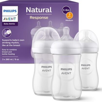 Philips Avent Natural Response Baby Bottle – 3 x 260ml Baby Milk Bottle for Newborns and Up, BPA Free, 1+ Months (Model SCY903/03)
