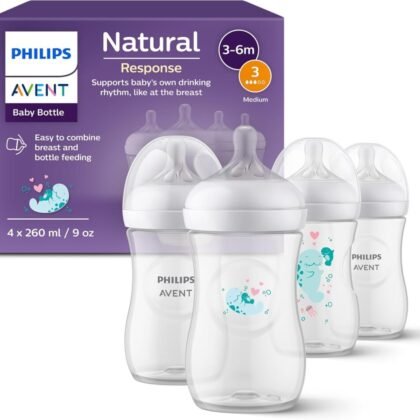 Philips Avent Natural Response Baby Gift Set, 4 Natural Response Baby Bottles 260 ml with T3 (1 m+ Teats), SCY903/61