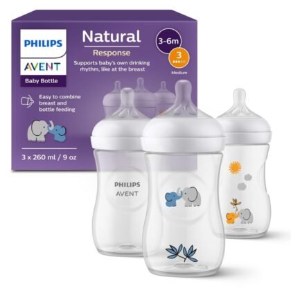 Philips AVENT Natural Response Gift Set for Babies: 3 Natural Response Baby Bottles (260 ml) with T3 Teats (from 1 Month), SCY903/63