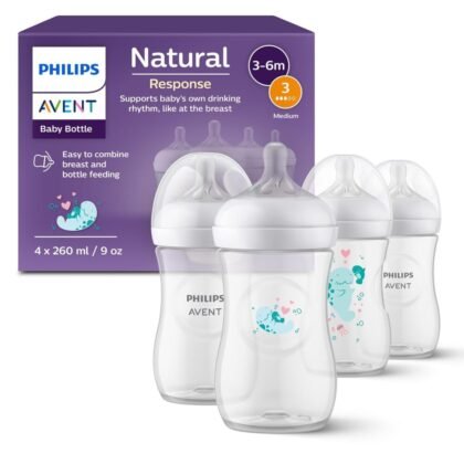 Philips AVENT Natural Response Gift Set for Babies: 4 Natural Response Baby Bottles (260 ml) with T3 Teats (from 1 Month), SCY903/61