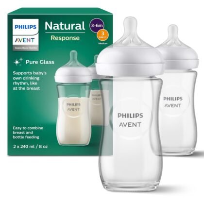 Philips Avent Natural Response Glass Baby Bottles – 2x Baby Bottles, 240 ml, BPA-free, for newborns from 1 month (Model SCY933/02)