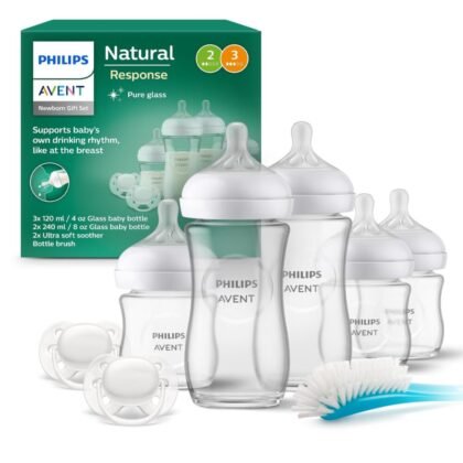 Philips AVENT Natural Response Glass Gift Set for Newborns – 3 x 120 ml and 2 x 240 ml Baby Bottles, 2 x Ultra Soft Dummies 0-6 Months, Bottle...